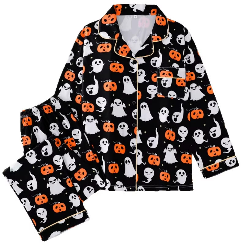 Bewitching and Bone-Chilling: Spooky Snuggle Suit for Ghoulish Ladies - Pumpkin & Skull Pajama Party Set!