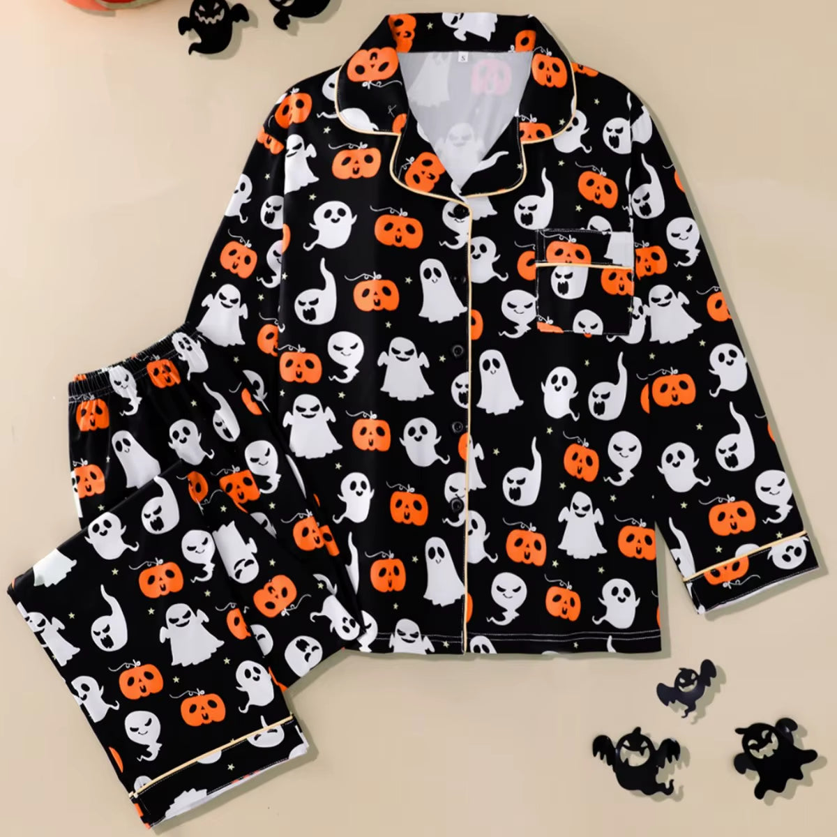 Bewitching and Bone-Chilling: Spooky Snuggle Suit for Ghoulish Ladies - Pumpkin & Skull Pajama Party Set!