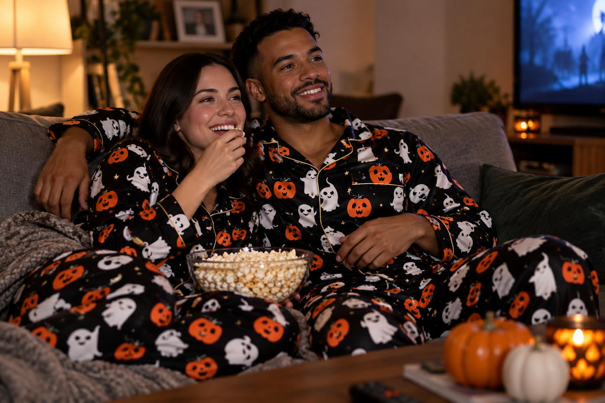 Bewitching and Bone-Chilling: Spooky Snuggle Suit for Ghoulish Ladies - Pumpkin & Skull Pajama Party Set!